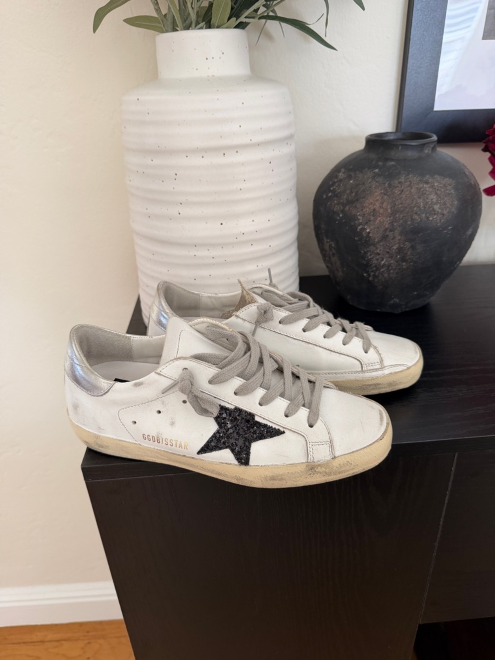 Golden Goose White Leather Sneakers with Black Glitter Star and Silver Heel - Picture 2 of 4